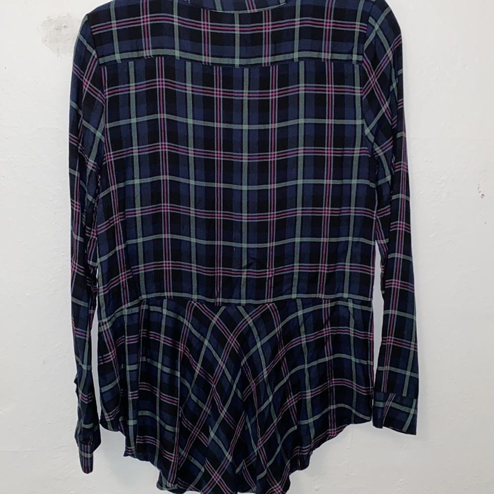 Lucky Brand Blue Plaid Tunic W/ Peplum Back, Popover Button Long Sleeve blouse - Picture 5 of 7